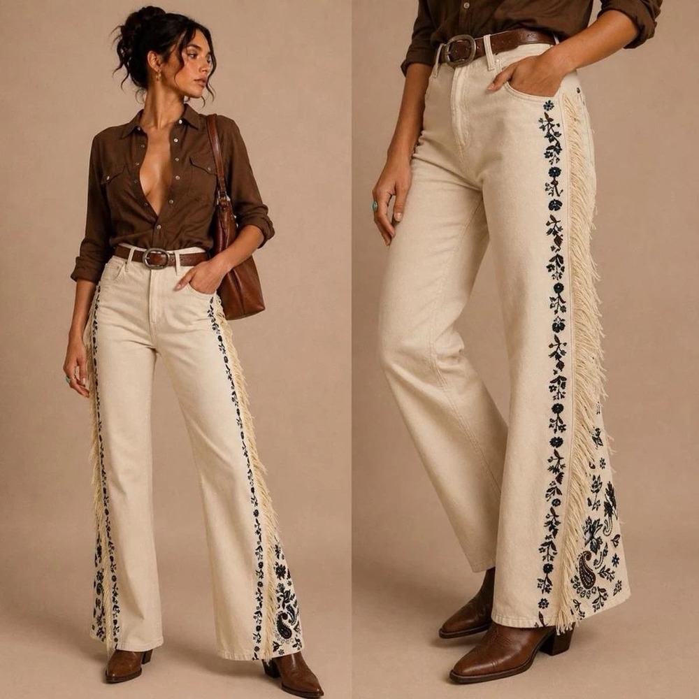Driftwood Frankie Embroidered Fringe Wide Leg Jeans Cream Floral Size 25 NEW